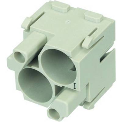Ljusgrå elektrisk kontakt med tre runda hål för kabelanslutningar, sedd från sidan.