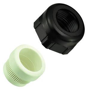 Två plastlock, ett svart med räfflor invändigt och ett vitt med yttre gänga.