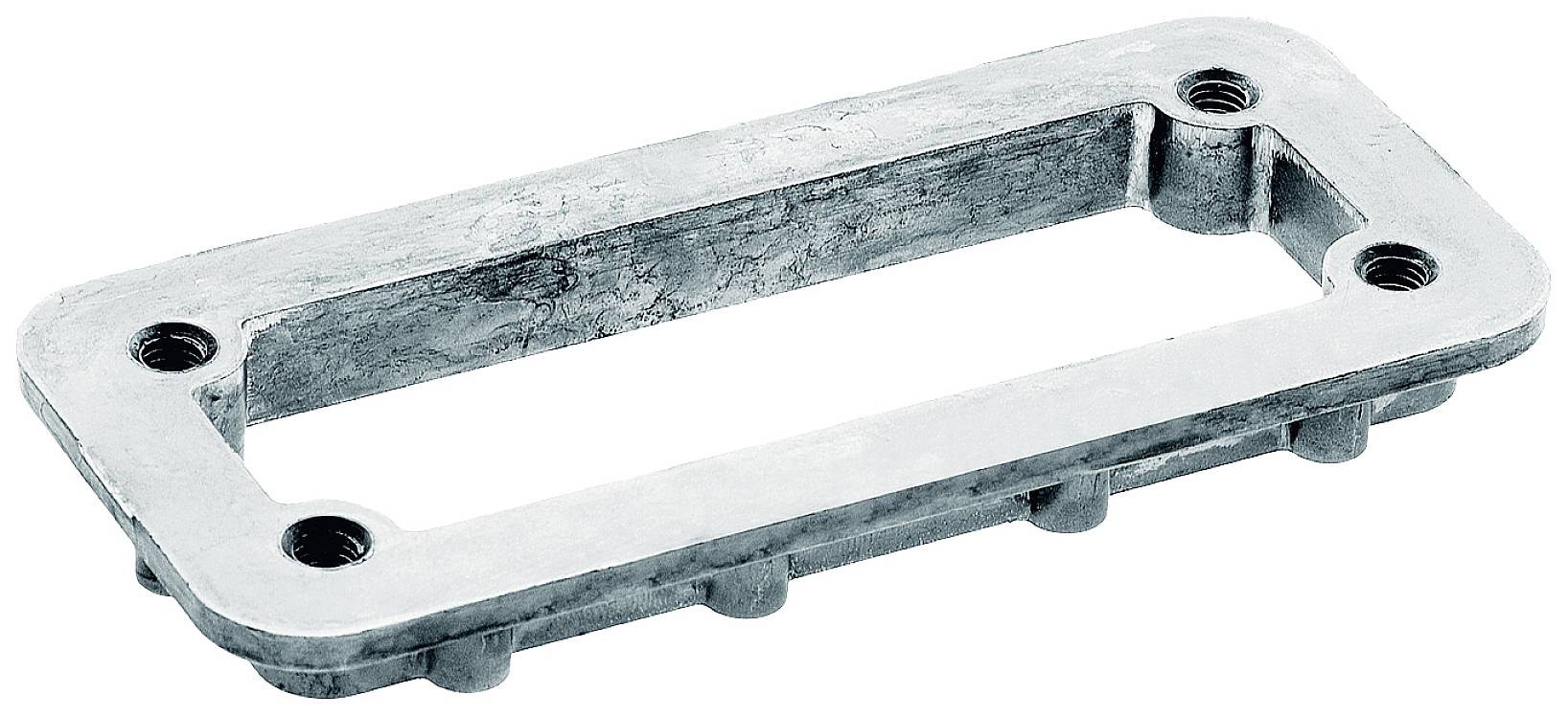 En rektangulär metallram med avrundade hörn och flera borrhål. Används som fästelement eller hållare.