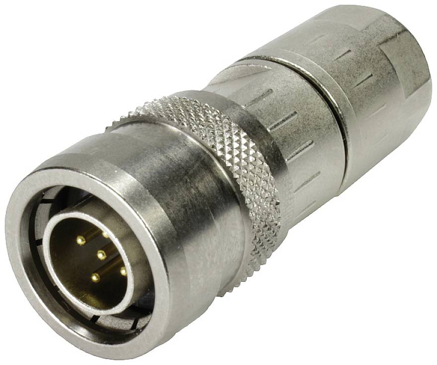 En silverfärgad, cylinderformad elektrisk kontakt med flera metallstift, lämplig för industriella tillämpningar.