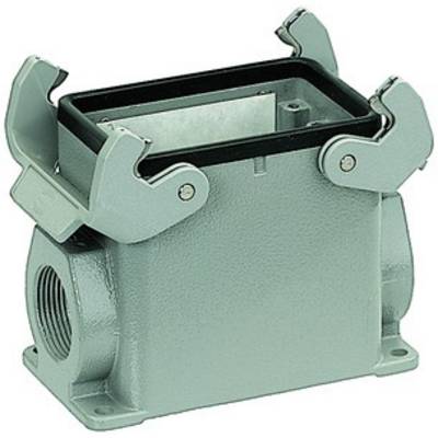 Metallhölje med rektangulär öppning och fyra lås i hörnen, lämpligt för industriella kontaktdon.