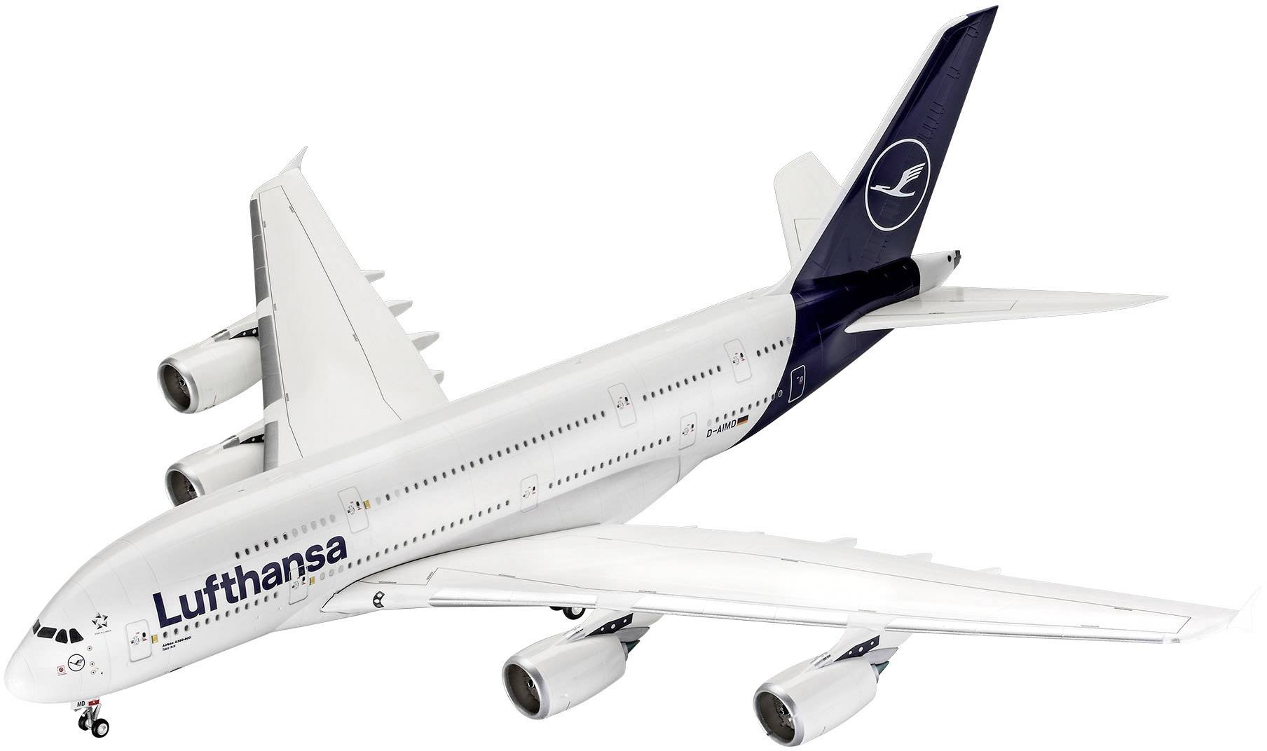 En modell av ett Lufthansa Airbus A380 med vit kropp och blå stjärt.