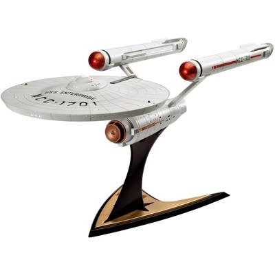 Rymdskeppsmodell av USS Enterprise från 'Star Trek' på ett ställ, visar detaljer av strukturen och beteckningen 'NCC-1701'.