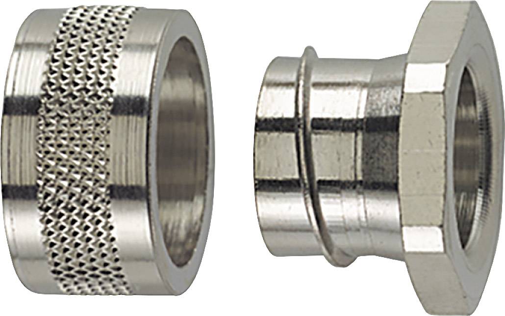 Två silverfärgade metallkopplingar bredvid varandra. Till vänster en ring med räfflad yta, till höger en förbindelsedetalj med flera spår.