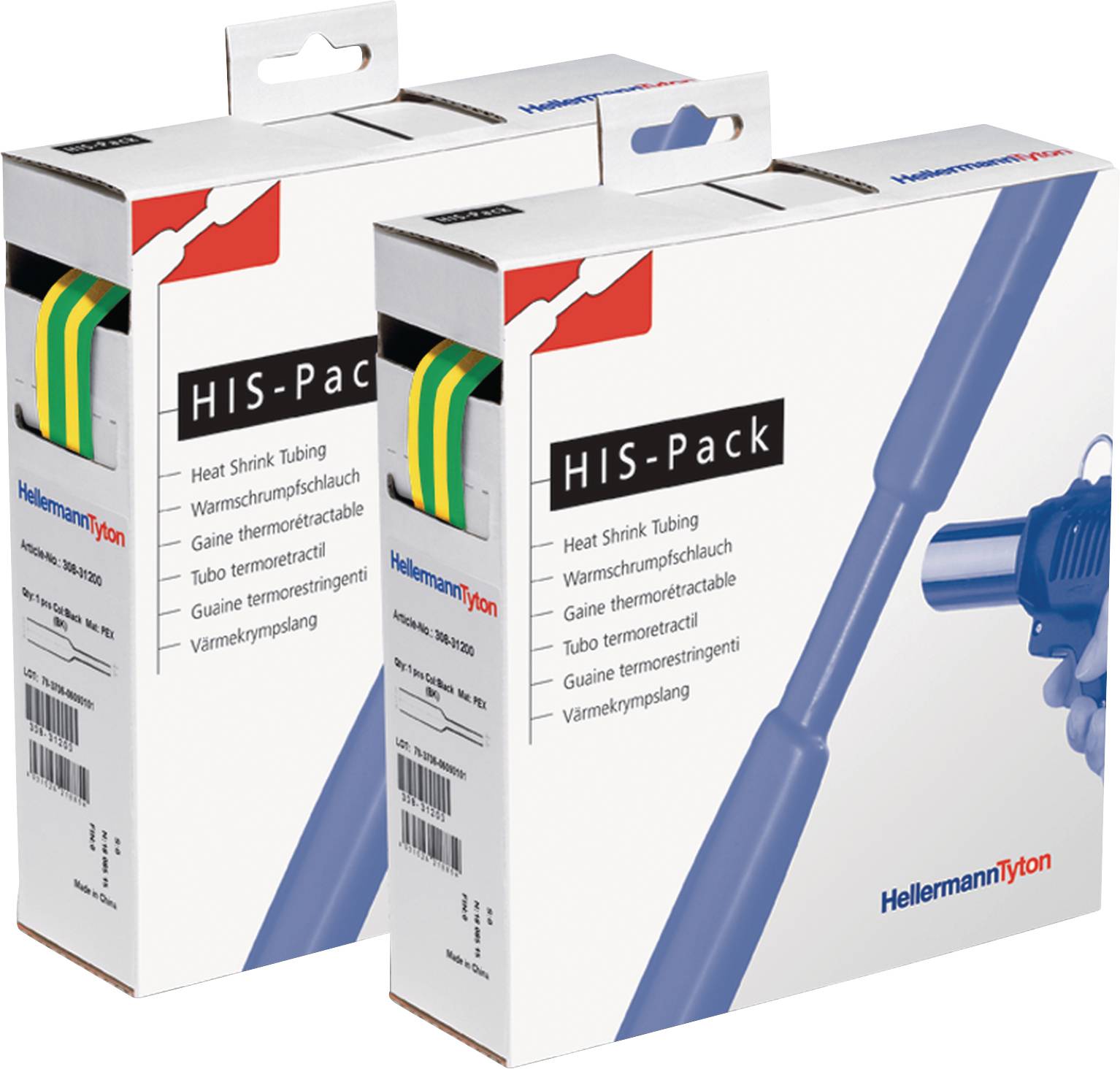 Två förpackningar som innehåller krympslang, med produktnamnet 'HIS-Pack' tryckt på och en illustration som visar användningen.