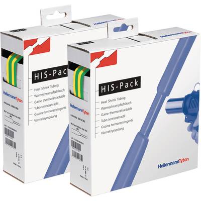 Två förpackningar som innehåller krympslang, med produktnamnet 'HIS-Pack' tryckt på och en illustration som visar användningen.