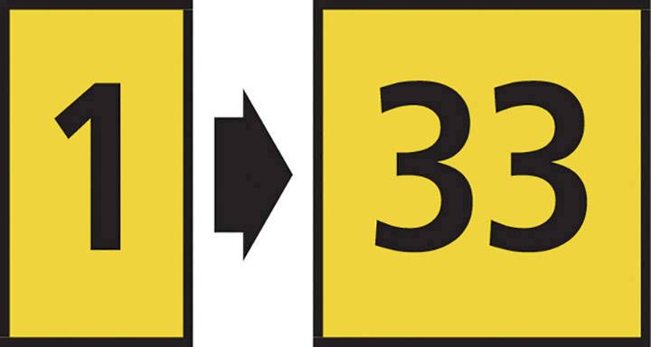 Gult skylt med svart ram, där siffrorna '1' och '33' visas, åtskilda av en svart pilsymbol.