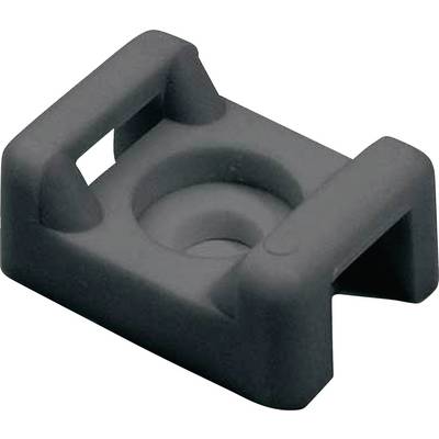 Svart, rektangulär plastclips med en rundad fördjupning i mitten, möjligen avsedd för fästning eller stöd av ett objekt.