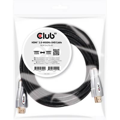 Ett svart HDMI 2.0-kabel med silverfärgade ändar i en transparent förpackning, lämpligt för 4K60Hz UHD-anslutningar.