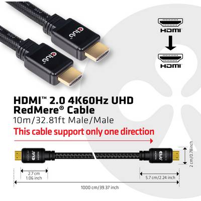 HDMI 2.0 4K60Hz UHD RedMere-kabel, 10m, stöder endast en riktning, kontakt från CUV. Dimensioner och anslutningar illustrerade.