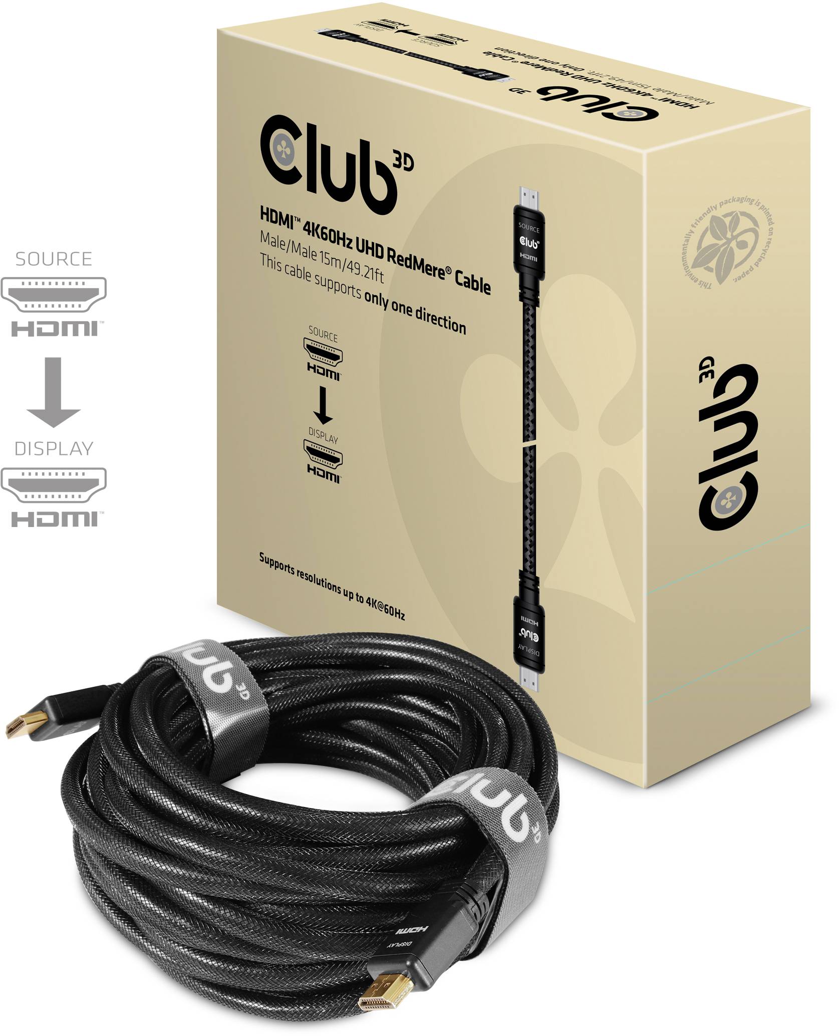 Club 3D HDMI 4K60Hz kabel med 21 meters längd, stöder UHD, optimal för HDMI-anslutningar från källa till display i en riktning.