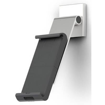 Ett vägghängt monteringssystem för en mobil enhet, bestående av en vikbar arm med en hållande clips. Modernt design i grått och vitt.