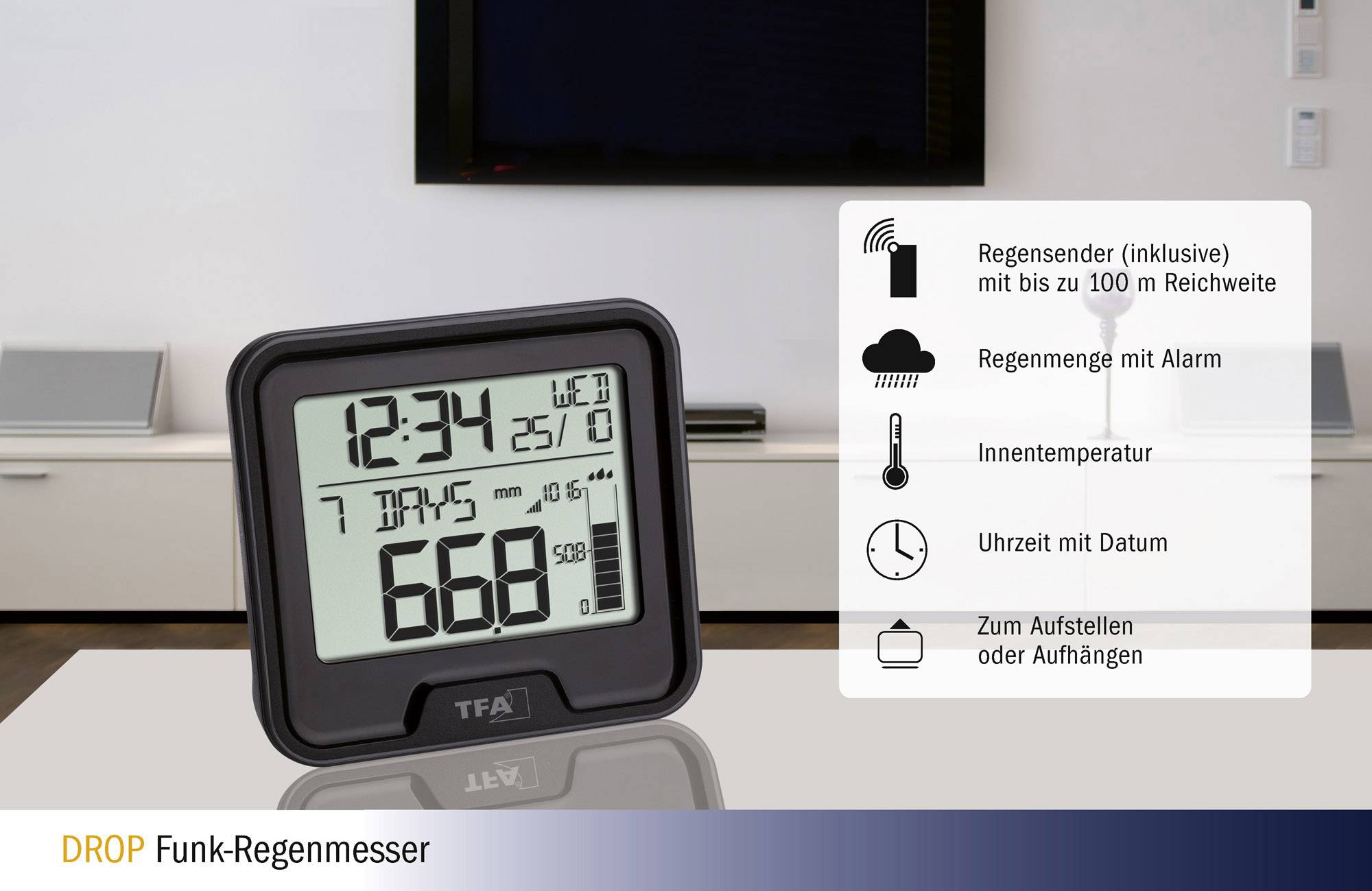 Digital trådlös regnmätare som visar tid och temperatur. Beskriver räckvidd, regnmängd med larm, monteringsalternativ.