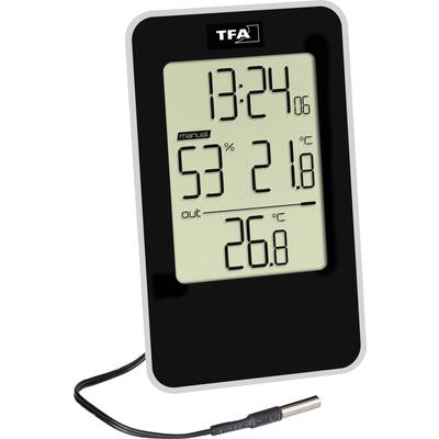 Digitalt termometer och hygrometer visar tiden '13:24', luftfuktighet '53%', innetemperatur '21,8°C' och utomhustemperatur '26,8°C'.