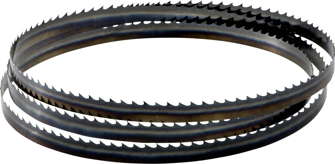 Två lindade svarta band med sågtandsformade kanter, som liknar flexibla cirkulära sågsblad eller metallskärande band på en vit bakgrund