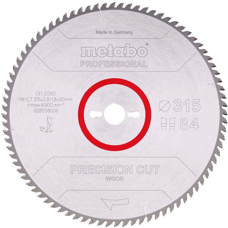Cirkelformad Metabo Professional precisionsklippt träsågblad, med röd centerring, märkt 315 mm diameter och 84 tänder.