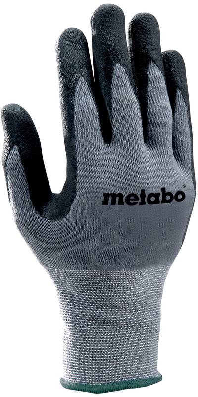 Grå arbetshanske med svartbetsat fingrar och handflata, märkt "metabo" på baksidan.