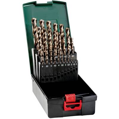 Set med numrerade drillbitar i ett svart plastkohuvud med grönt lock och rött lås.