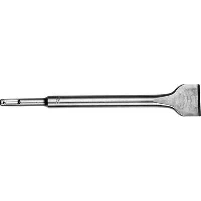 Närbild av ett metallverktyg - mejsel eller skrapa - med ett platt blad och sexkantigt skaft.
