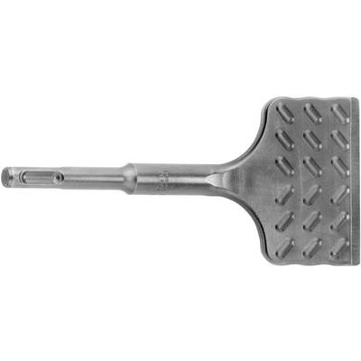 Metallborr med ett platt spadeliknande paddelhuvud och en lång skaft, visad mot en vit bakgrund.