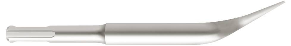 En närbild av ett böjt dentalt skalningsinstrument med en smal metallspets, använt för att avlägsna tandsten och tandplack.