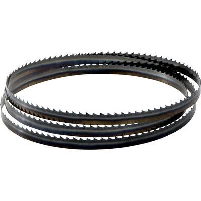 Ett spiralvindat metallbandspel med vassa tänder, visad på en vit bakgrund.