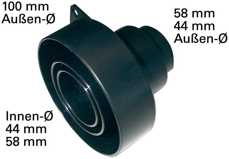 Svart cirkulär reducerad adapteranslutning visad i 3D, märkt med 100 mm ytterdiameter och 44/58 mm inre och yttre diametrar.