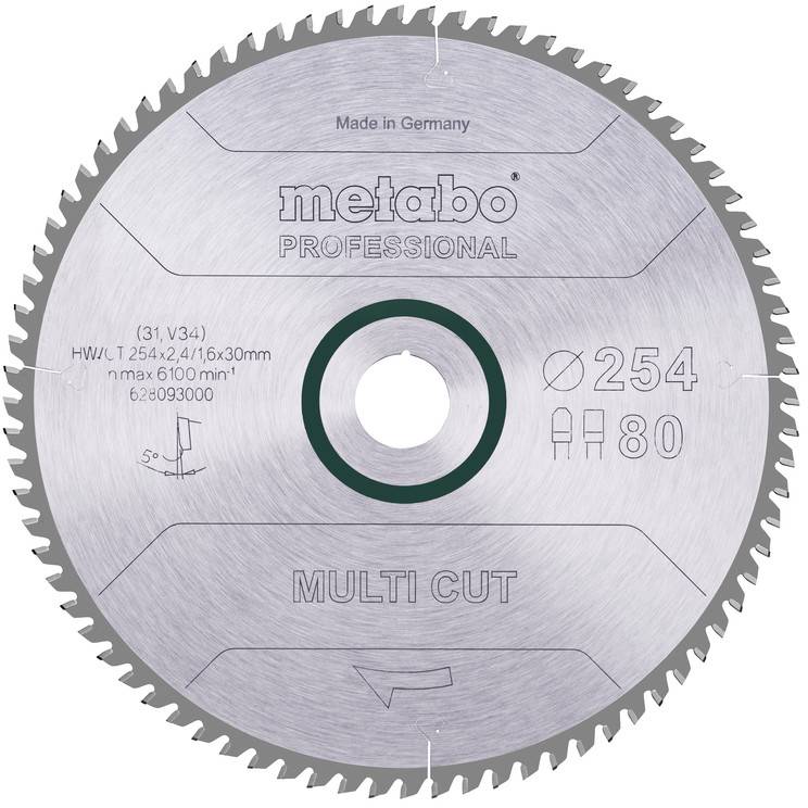 En Metabo Professional cirkulärsågblad märkt "MULTI CUT", "Ø254" och "80" tänder, visad rakt framifrån med ett centralt monteringshål.