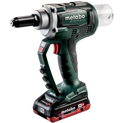 Trådlös Metabo-elverktyg med svart munnstycke och transparent främre lock, visad på vit bakgrund med batteribas.