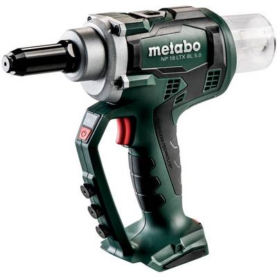 Trådlös Metabo nitverktyg med grönt-och-svart hölje, batteribas och framdysa på vit bakgrund.