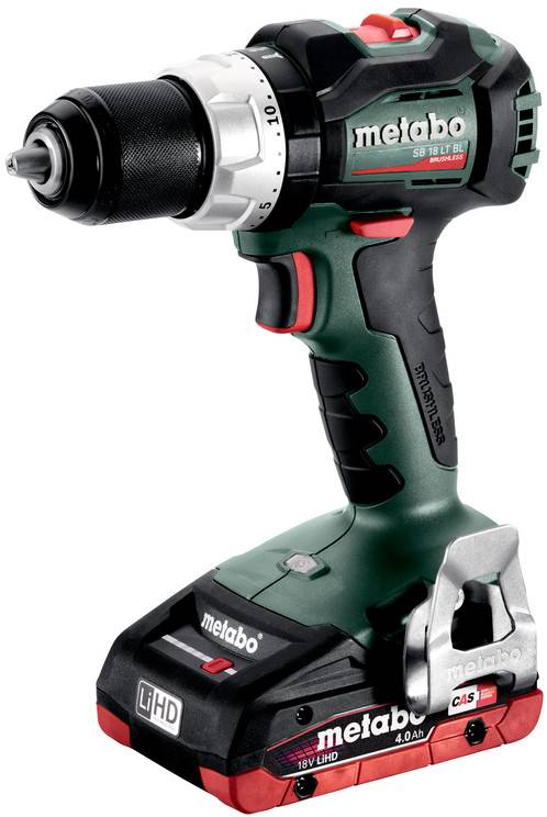 Trådlös Metabo-borrmaskin med batterpaket, visad i sidvy på vit bakgrund.