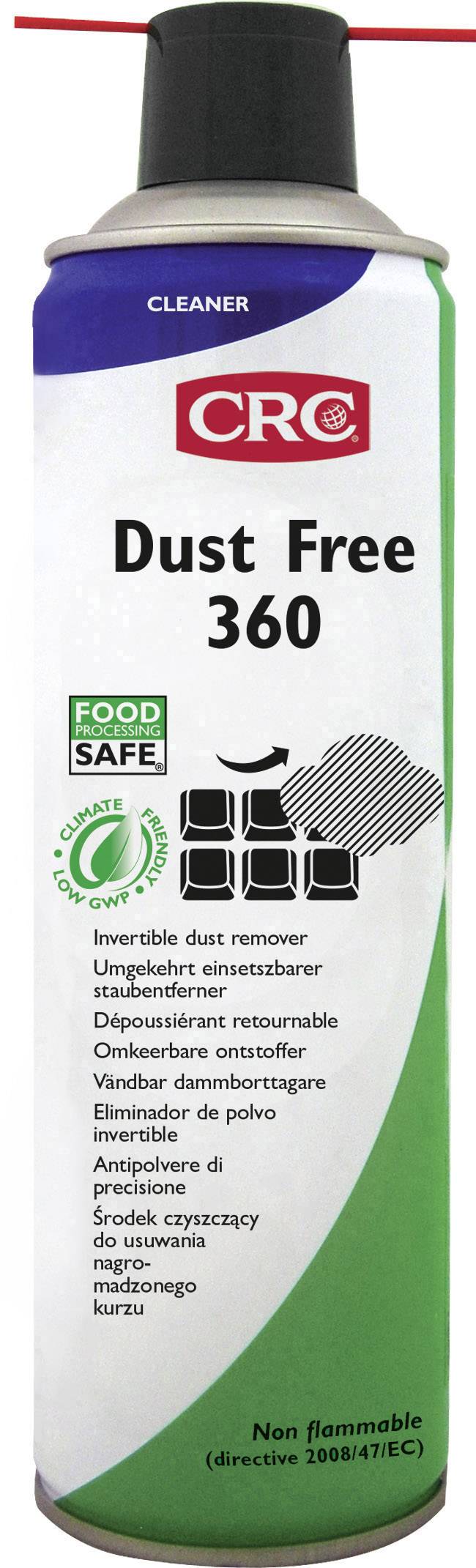 Aerosol-rengöringsmedel CRC Dust Free 360, ej brännbart, miljövänligt, lämpligt för livsmedelsutrymmen.