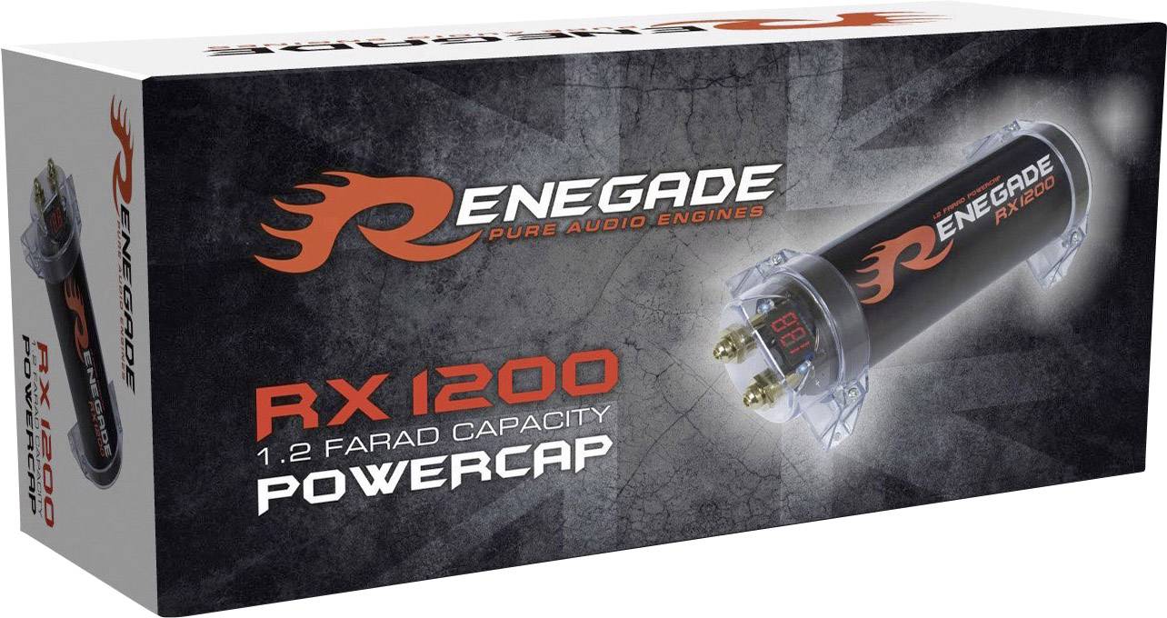 Förpackning för en Powercap-kondensator från märket Renegade med texten 'RX 1200 1.2 Farad Capacity'.