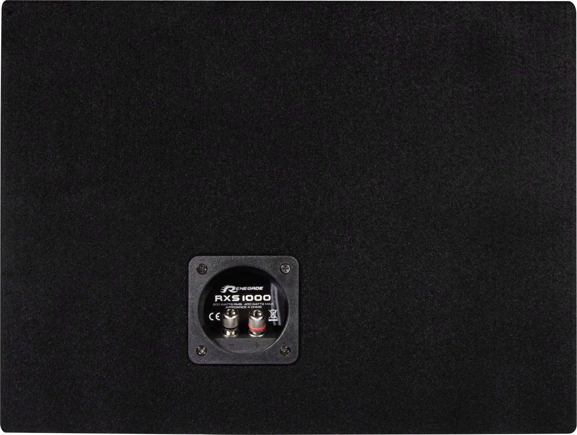 En rektangulär, svart subwoofer med ett anslutningsfält i mitten. På anslutningsfältet står det 'RX1000'.