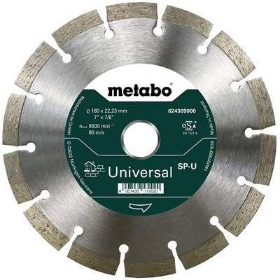 Metabo Universal SP-U segmenterad diamantskiva med grön mitteretikett, 180 mm diameter, visad på vit bakgrund.