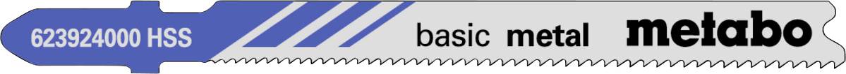 Blå och vit Metabo-verktygetikett som visar "623924000 HSS", "basic metal" och Metabo-logotypen.