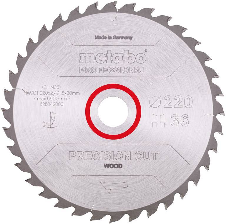 Metabo Professional precisionsågblad för trä, 220 mm med 36 tänder, visad framifrån på vit bakgrund.