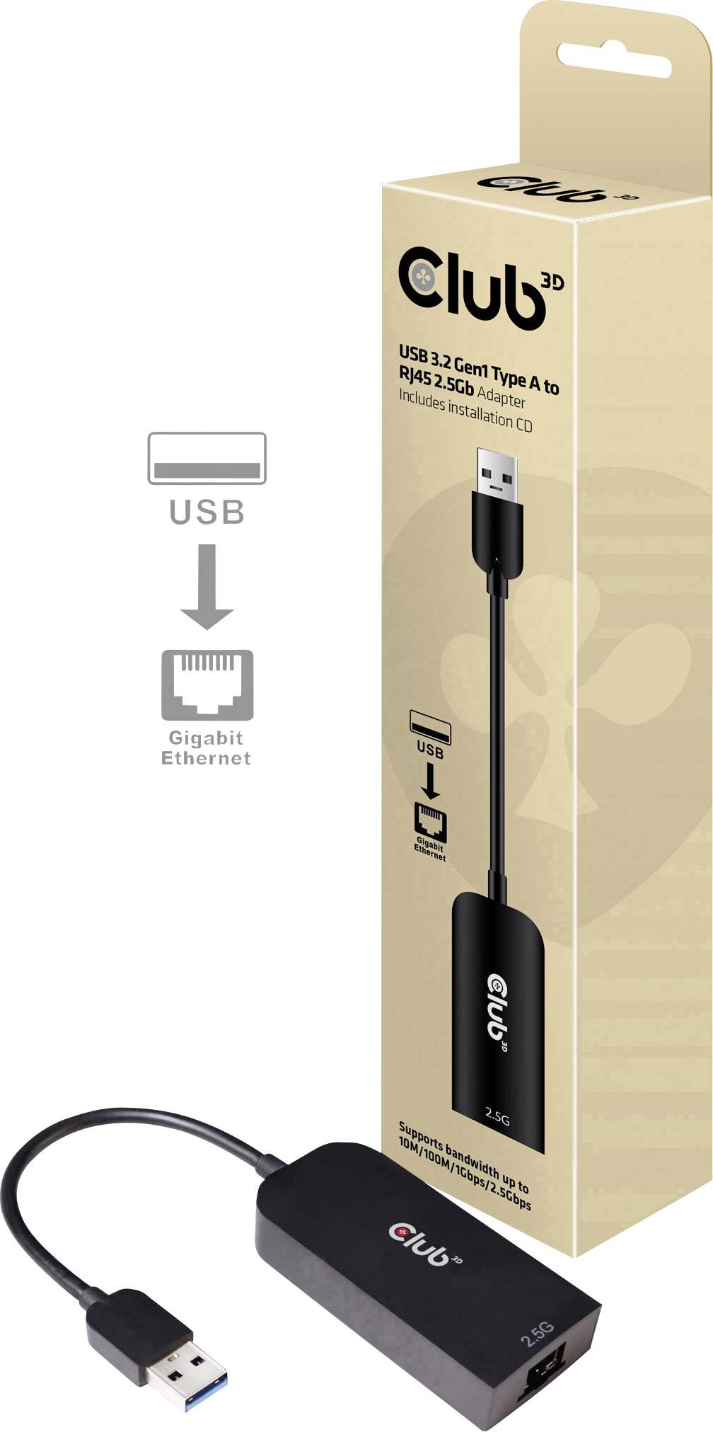 USB 3.2 Typ A till RJ45 Gigabit Ethernet-adapter. Visad: Adapter och förpackning. Enkel anslutning till trådbundet nätverk.