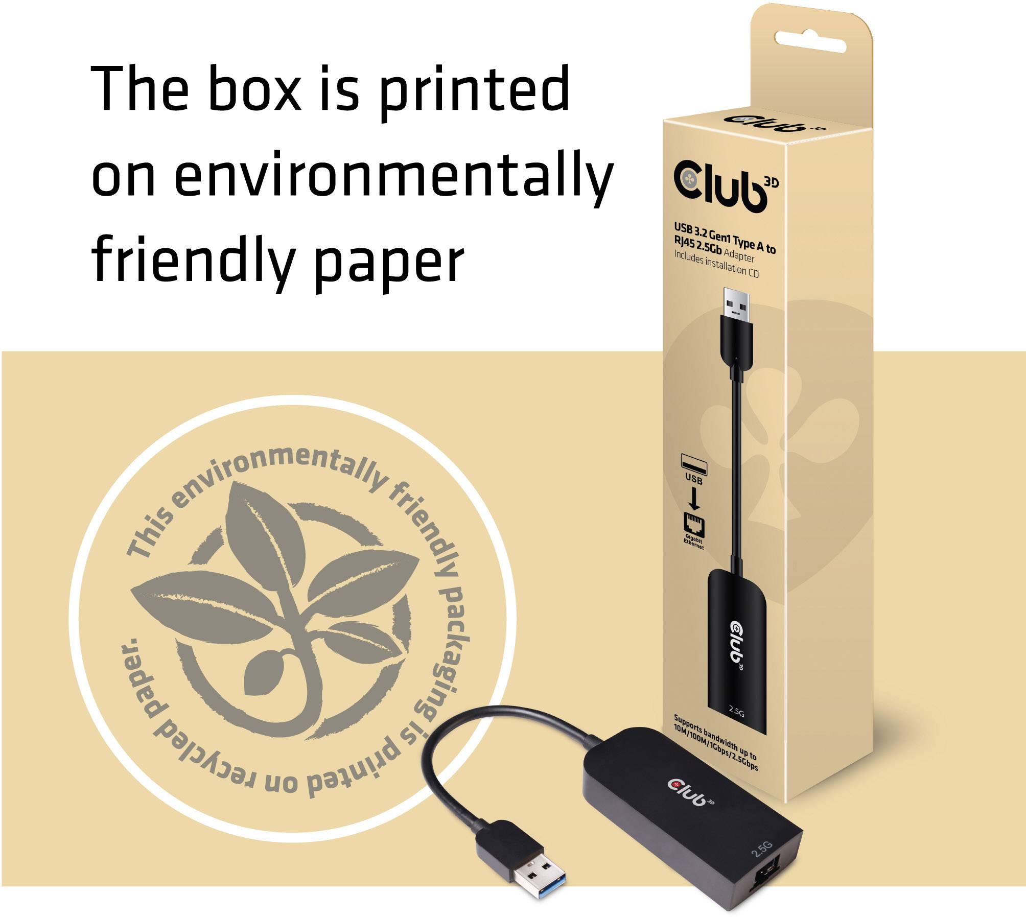 En USB-C till HDMI-adapterförpackning med en anteckning om miljövänligt papper. Till vänster finns en återvinningssymbol med löv.