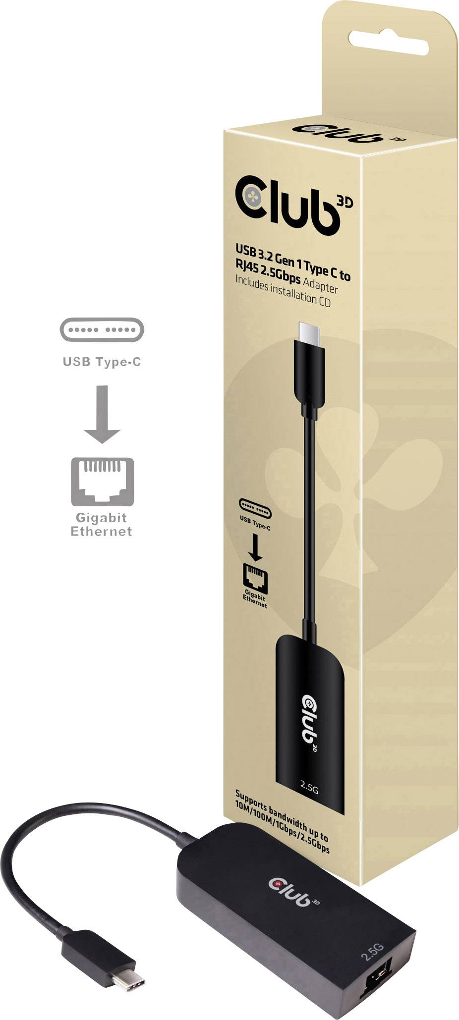 USB-C till Ethernet-adapter från Club 3D i förpackning. Adapter och kabel synliga, förpackningstext: 'USB 3.2 Gen 1 Type C'.