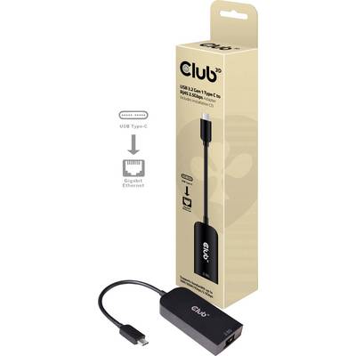 USB-C till Ethernet-adapter från Club 3D i förpackning. Adapter och kabel synliga, förpackningstext: 'USB 3.2 Gen 1 Type C'.