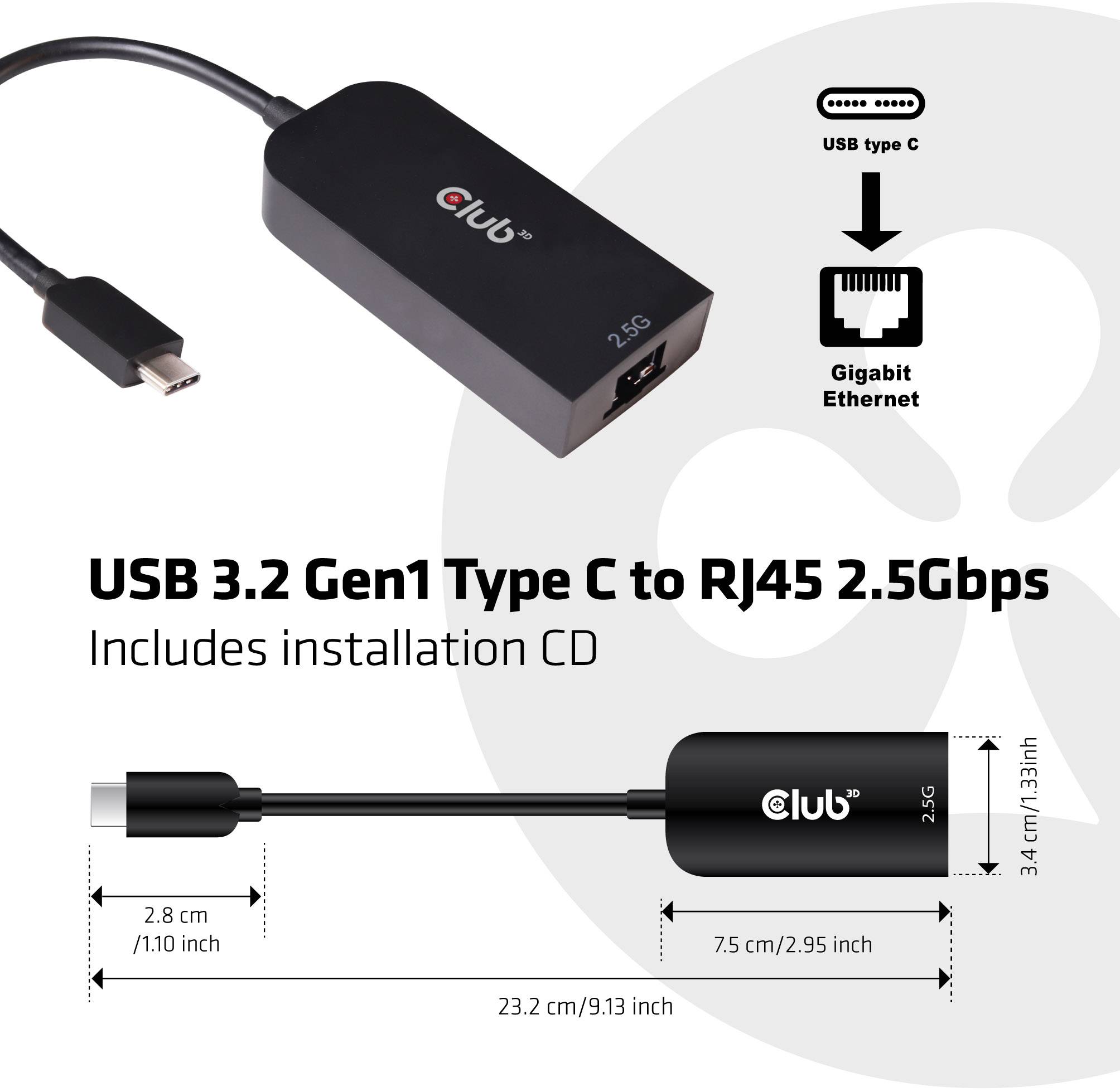 USB-adapter från USB-C till RJ45 med 2.5 Gbps överföringshastighet, inklusive installationsskiva. Visar produktmått och anslutningstyper.