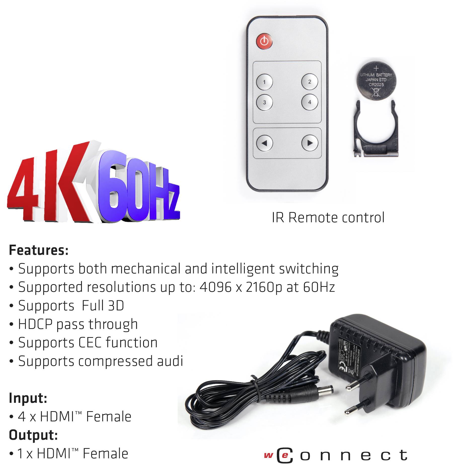 '4K 60Hz HDMI-matris med IR-fjärrkontroll, nätadapter och batteri. Stöder upplösningar upp till 4096 x 2160, 3D, HDCP och CEC.'