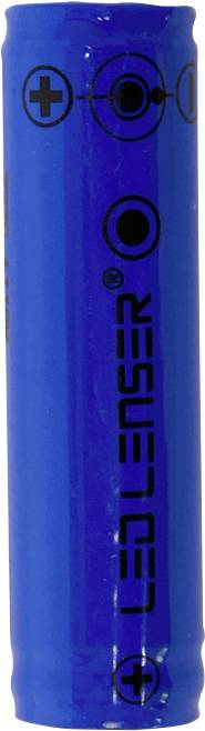 En blå batterienhet med Ledlenser-logotypen och Plus- och Minus-symboler.
