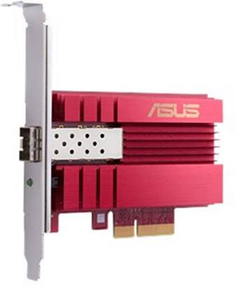 Röd ASUS nätverkskort med PCIe-gränssnitt, lämplig för installation i en dator för att förbättra anslutningsbarheten.