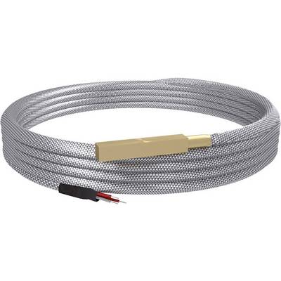 En lång, grå kabel med en rektangulär, guldaktig komponent i mitten och två fria kabeländar på vänster sida.