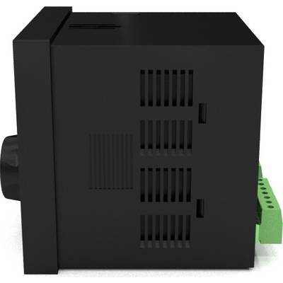 En svart elektronisk enhet med ventilationsöppningar på sidan och gröna anslutningar på baksidan.