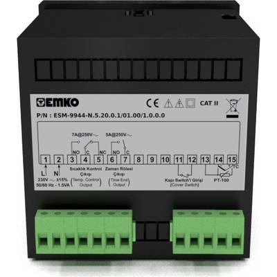 En svart elektrisk enhet med grön anslutningslist, modellnummer på ovansidan, funktionsschema på framsidan, lämplig för styrsystem.