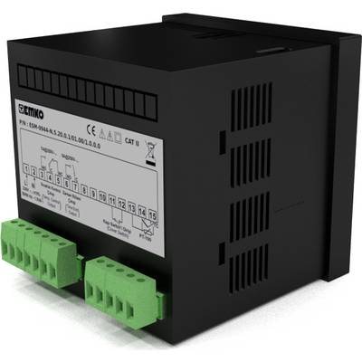 En svart elektrisk apparat med gröna anslutningar på framsidan. En etikett visar tekniska specifikationer överst.