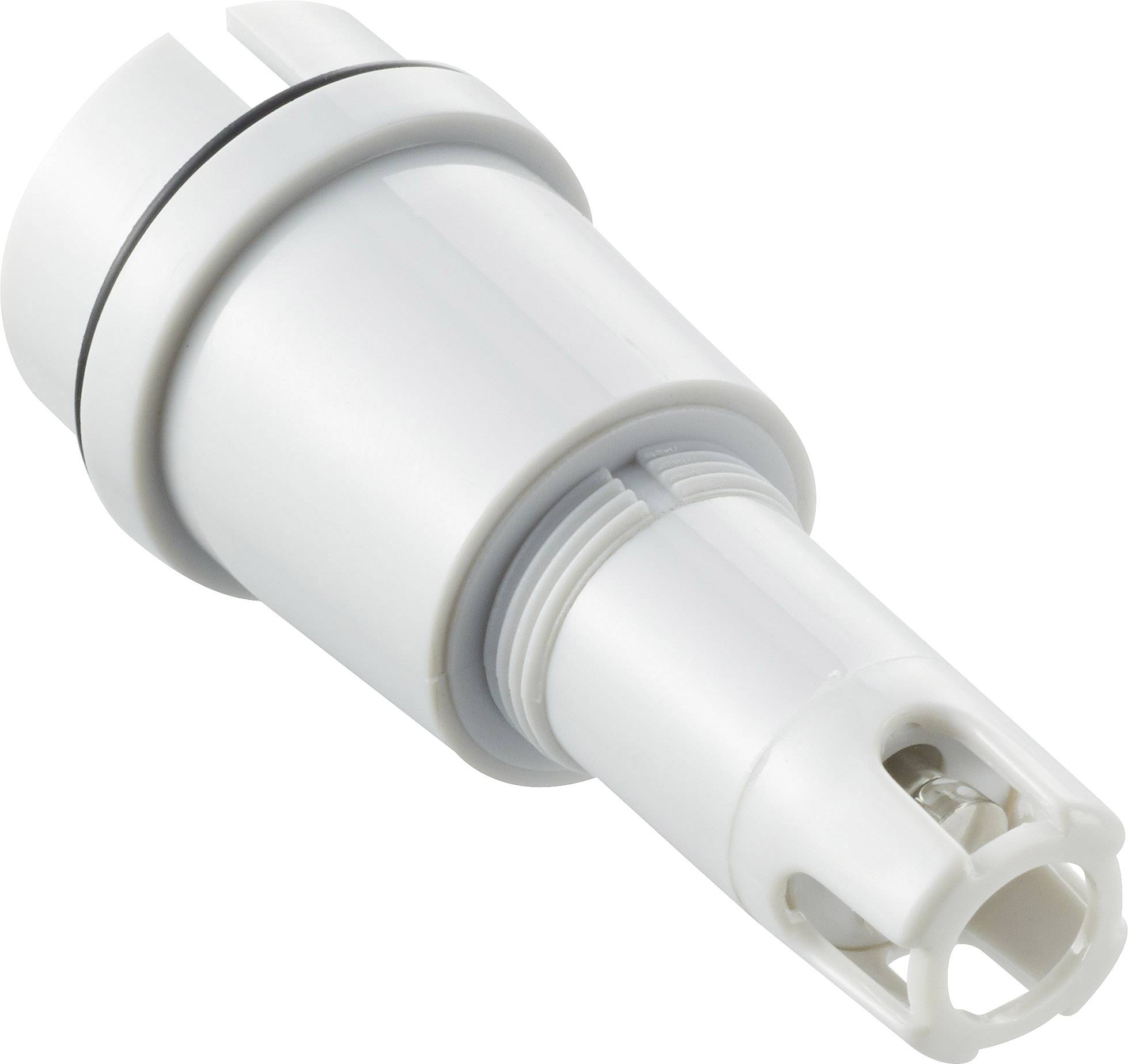 En vit, cylindriskvattenfilterlock med en gummiring, sannolikt en del av ett vattenfiltersystem.